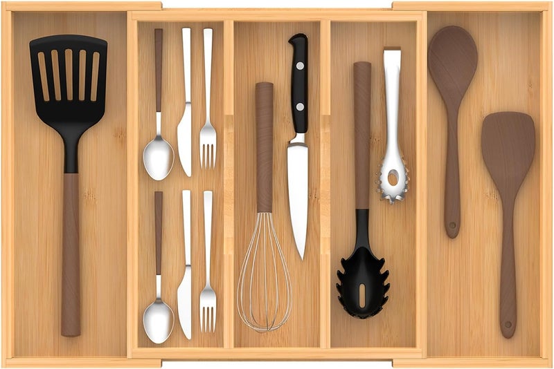FoverOne Bamboo Expandable Kitchen Drawer Organizer, 13" to 23" Adjustable Utensils and Cutlery Tray, Wood Drawer Organizer for Silverware Flatware - Image 1